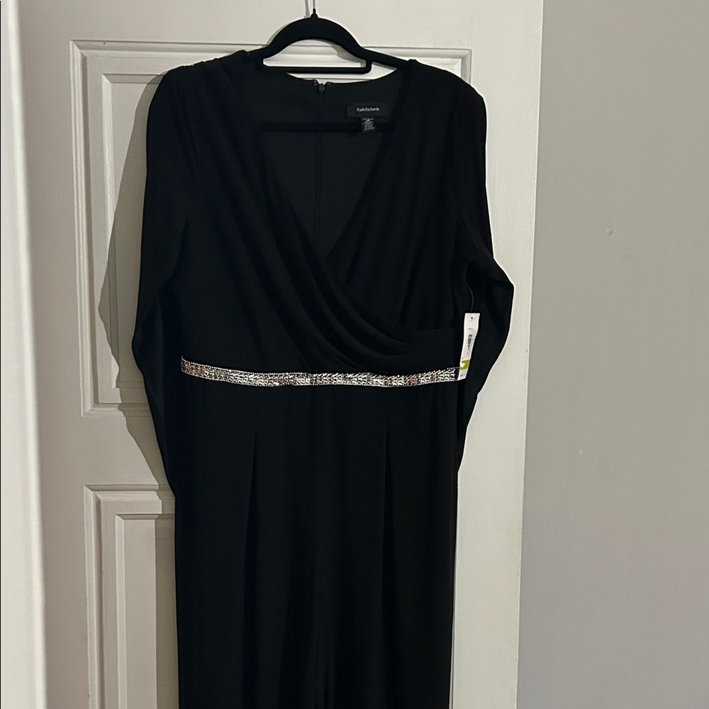 R & M Richards Black Long Sleeve V-Neck Evening Dress with Rhinestone Waist